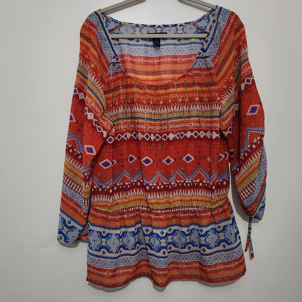 Style & Co Women’s Boho Peasant Top  L Red Multicolor Semi Sheer Tunic Blouse